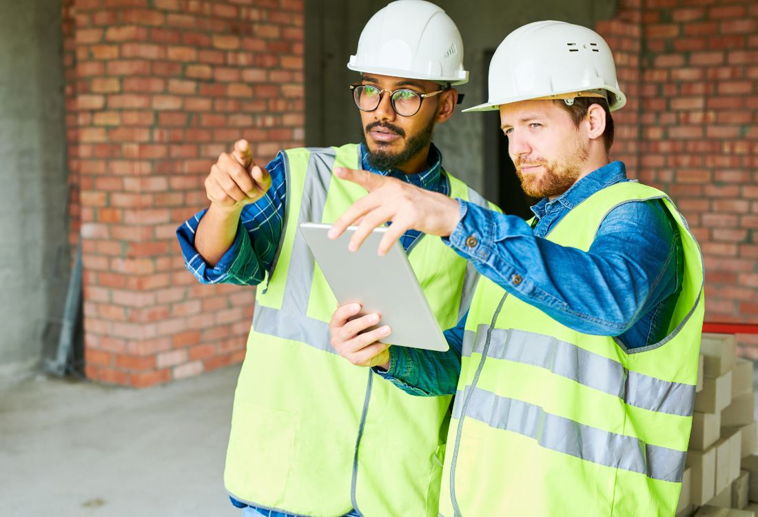 Two inspectors in white hard hats and yellow hi-vis vests conducting a passive fire protect inspection on a building while referring to a tablet in one of their hands. 